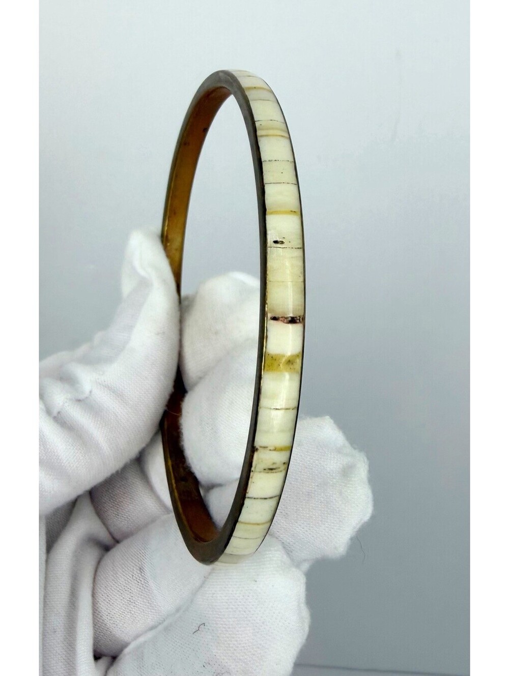 Vintage Brass Bangle Bracelet Mother Of Pearl MOP Mosaic Inlay Boho Retro 70s